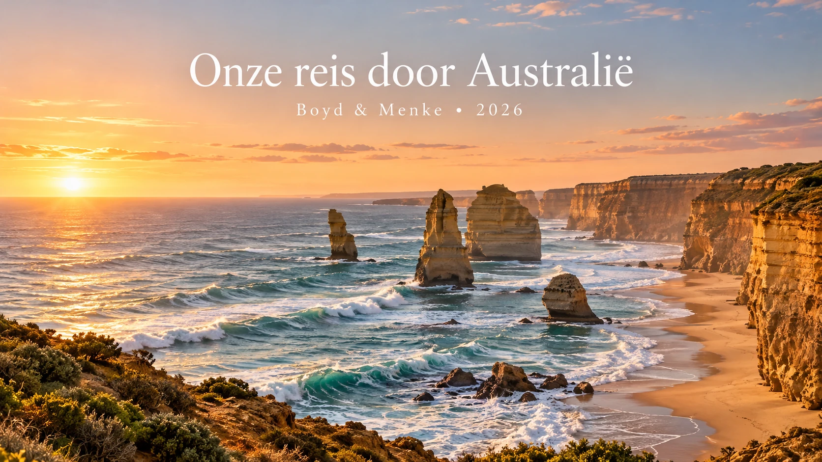 Onze reis door Australië — Boyd & Menke, 2026. Een ontworpen welkomstbeeld van de Twaalf Apostelen bij zonsondergang.